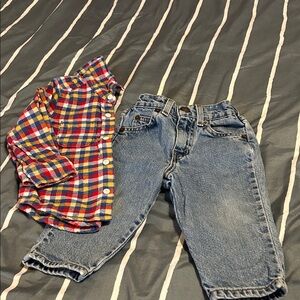 Vibrant Plaid Shirt and Classic Denim Jeans Set